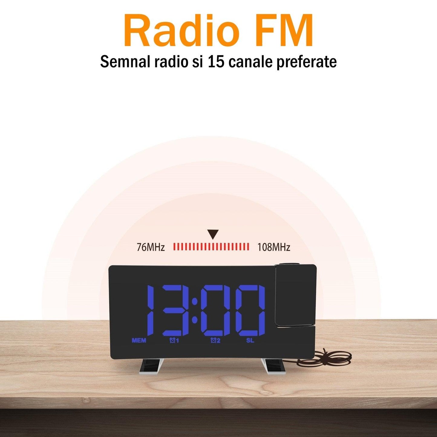 Ceas Digital cu Radio si Proiectie Pana la 5M Inaltime Albastru, Rotire la 180°, Alarma, Port Incarcare USB, Temperatura, Ecran LED, 2 Niveluri de Luminozitate, Negru - Ceasuri Moderne