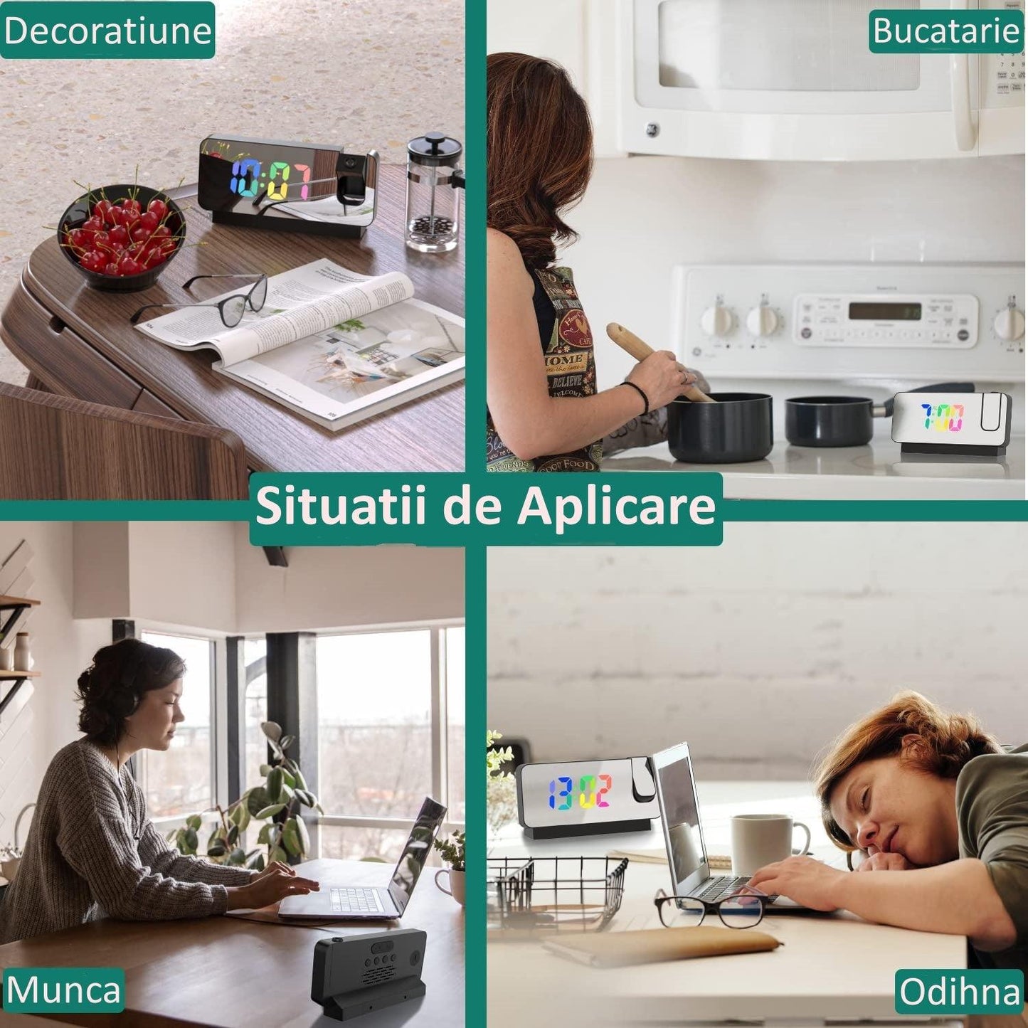 Ceas Digital cu Led RGB si Proiectie Pana la 5M Inaltime, Rotire la 180°, Alarma, Temperatura, Ecran LED, 2 Niveluri de Luminozitate, Alb - Ceasuri Moderne