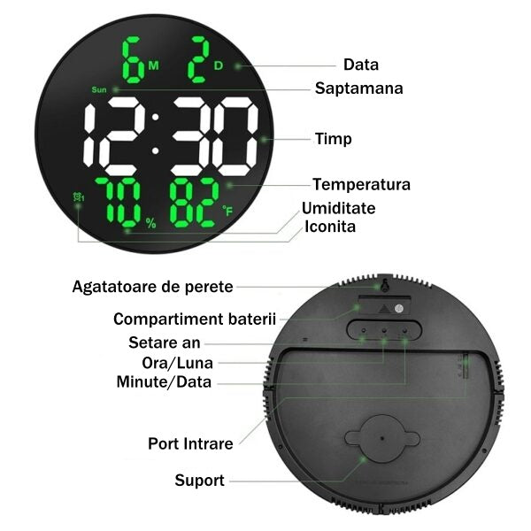 Ceas Digital de Masa si de Perete cu Lumina Led Verde, Calendar, Temperatura, Termometru, Cronometru, Telecomanda, Afisare Umiditate, 20cm