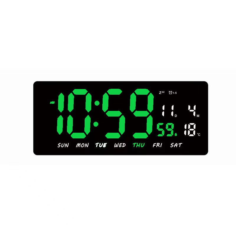 Ceas Digital de Masa si de Perete cu Lumina Led Verde, Tehnologie LED Fara Umbre, Calendar, Temperatura, Alarma, Functie Snooze, Luminozitate Adjustabila, 36x16cm