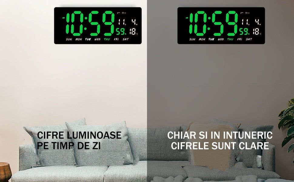 Ceas Digital de Masa si de Perete cu Lumina Led Verde, Tehnologie LED Fara Umbre, Calendar, Temperatura, Alarma, Functie Snooze, Luminozitate Adjustabila, 36x16cm