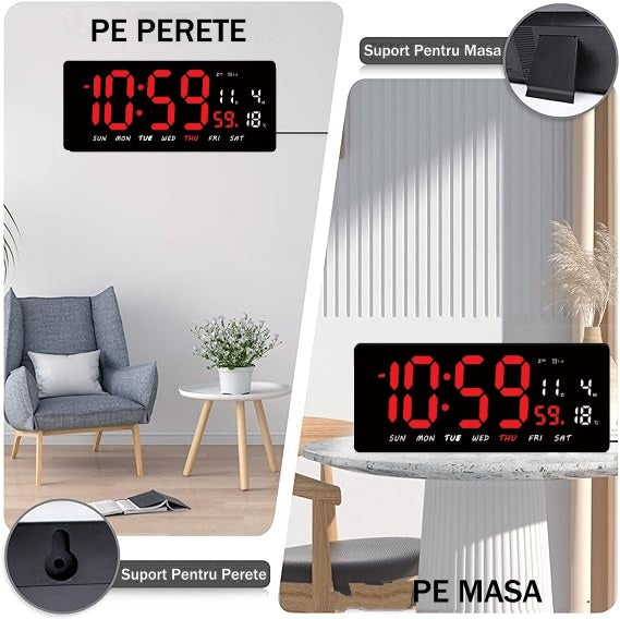 Ceas Digital de Masa si de Perete cu Lumina Led Rosu, Tehnologie LED Fara Umbre, Calendar, Temperatura, Alarma, Functie Snooze, Luminozitate Adjustabila, 36x16cm