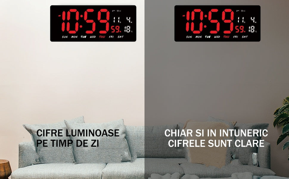 Ceas Digital de Masa si de Perete cu Lumina Led Rosu, Tehnologie LED Fara Umbre, Calendar, Temperatura, Alarma, Functie Snooze, Luminozitate Adjustabila, 36x16cm