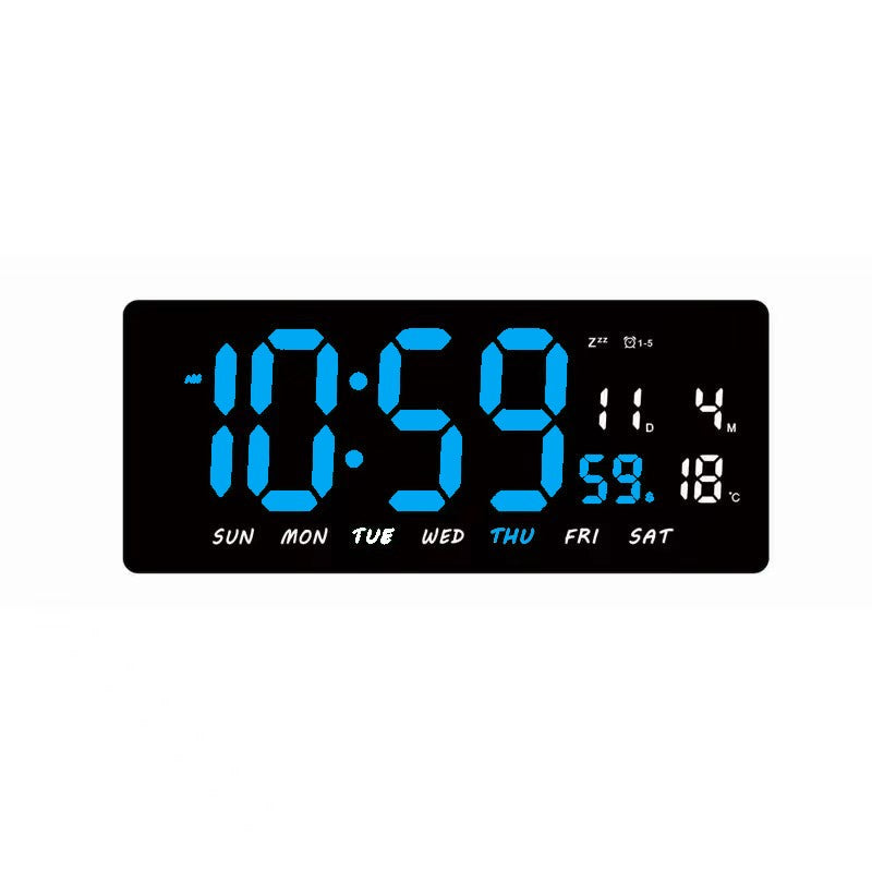 Ceas Digital de Masa si de Perete cu Lumina Led Albastru, Tehnologie LED Fara Umbre, Calendar, Temperatura, Alarma, Functie Snooze, Luminozitate Adjustabila, 36x16cm