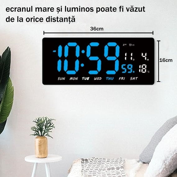 Ceas Digital de Masa si de Perete cu Lumina Led Albastru, Tehnologie LED Fara Umbre, Calendar, Temperatura, Alarma, Functie Snooze, Luminozitate Adjustabila, 36x16cm