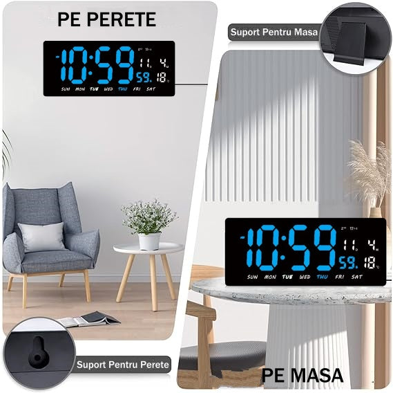 Ceas Digital de Masa si de Perete cu Lumina Led Albastru, Tehnologie LED Fara Umbre, Calendar, Temperatura, Alarma, Functie Snooze, Luminozitate Adjustabila, 36x16cm