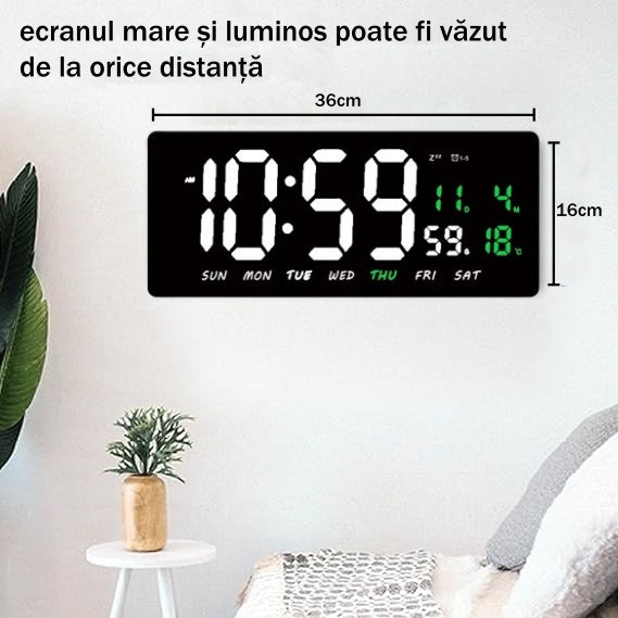 Ceas Digital de Masa si de Perete cu Lumina Led Alb, Tehnologie LED Fara Umbre, Calendar, Temperatura, Alarma, Functie Snooze, Luminozitate Adjustabila, 36x16cm