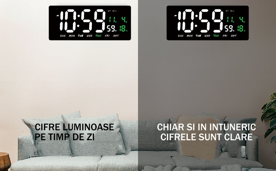 Ceas Digital de Masa si de Perete cu Lumina Led Alb, Tehnologie LED Fara Umbre, Calendar, Temperatura, Alarma, Functie Snooze, Luminozitate Adjustabila, 36x16cm