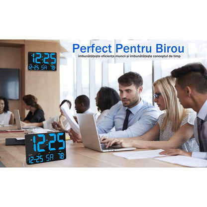 Ceas Digital de Masa si de Perete cu Lumina Led Albastru, Calendar, Temperatura, Alarma, Termometru, Functie Snooze, Luminozitate Adjustabila, 25x16cm