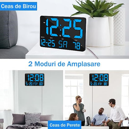 Ceas Digital de Masa si de Perete cu Lumina Led Albastru, Calendar, Temperatura, Alarma, Termometru, Functie Snooze, Luminozitate Adjustabila, 25x16cm