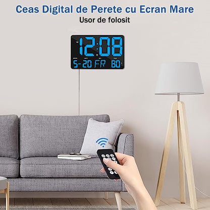 Ceas Digital de Masa si de Perete cu Lumina Led Albastru, Calendar, Temperatura, Alarma, Termometru, Functie Snooze, Luminozitate Adjustabila, 25x16cm