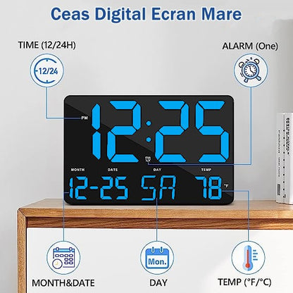Ceas Digital de Masa si de Perete cu Lumina Led Albastru, Calendar, Temperatura, Alarma, Termometru, Functie Snooze, Luminozitate Adjustabila, 25x16cm