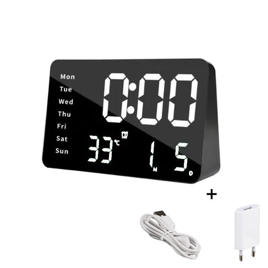 Ceas Digital de Masa cu Lumina Led Alb, Alarma, Calendar, Temperatura, Ecran Oglinda, Functie Snooze, Mod de Noapte