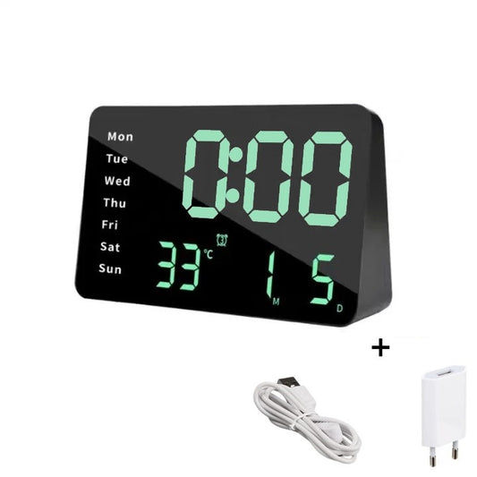 Ceas Digital de Masa cu Lumina Led Verde, Alarma, Calendar, Temperatura, Ecran Oglinda, Functie Snooze, Mod de Noapte