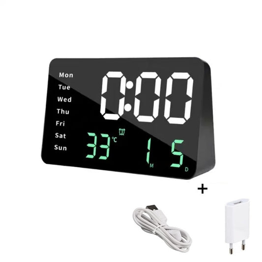 Ceas Digital de Masa cu Lumina Led Alb-Verde, Alarma, Calendar, Temperatura, Ecran Oglinda, Functie Snooze, Mod de Noapte
