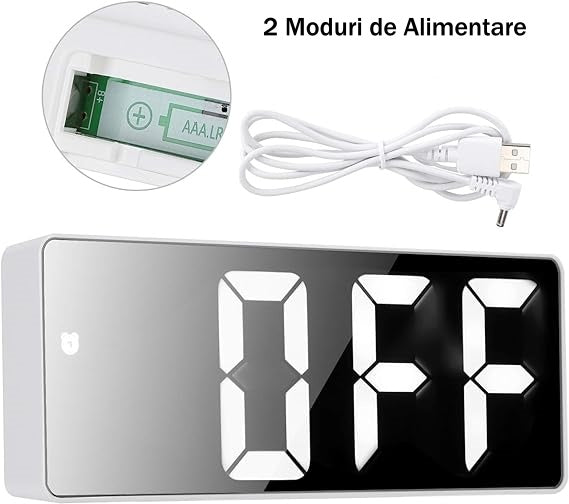 Ceas Electronic de Masa cu Lumina Led Albastru, Temperatura, Alarma, Comanda Vocala, 2 Trepte de Lumina, 160 X 60 X 25 mm, Adaptor Inclus, Alb