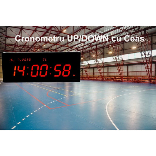 Cronometru UP/DOWN cu Ceas Digital, LED Roșu, Telecomandă, Calendar, Alarmă, 12-24h, 48 x 18,5 x 4,2 cm, Perfect pentru Sala de Sport, JH-130