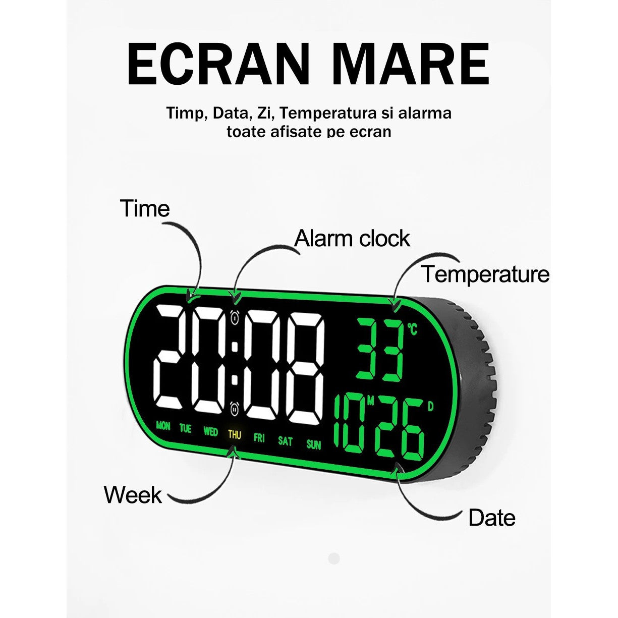 Ceas Digital de Masa si de Perete Oval cu Lumina Led Verde, Calendar, Cronometru, Temperatura, 2 Alarme, Termometru, Functie Snooze, 5 Trepte de Intensitate, Telecomanda, Afisare Umiditate, 38cm