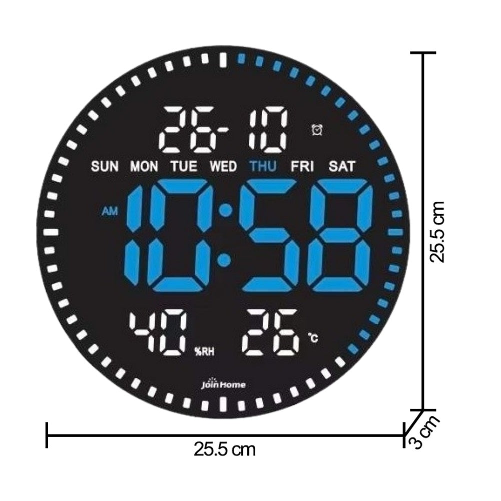 Ceas Digital de Perete cu Lumina Led Albastru, Secundar, Calendar, Temperatura, Termometru, Cronometru, Telecomanda, Afisare Umiditate, 28cm