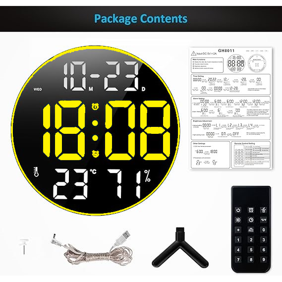 Ceas Digital de Masa si de Perete Rotund cu Lumina Led Galben, Calendar, Temperatura, 2 Alarme, Termometru, Functie Snooze, 5 Trepte de Intensitate, Telecomanda, Afisare Umiditate, 30cm