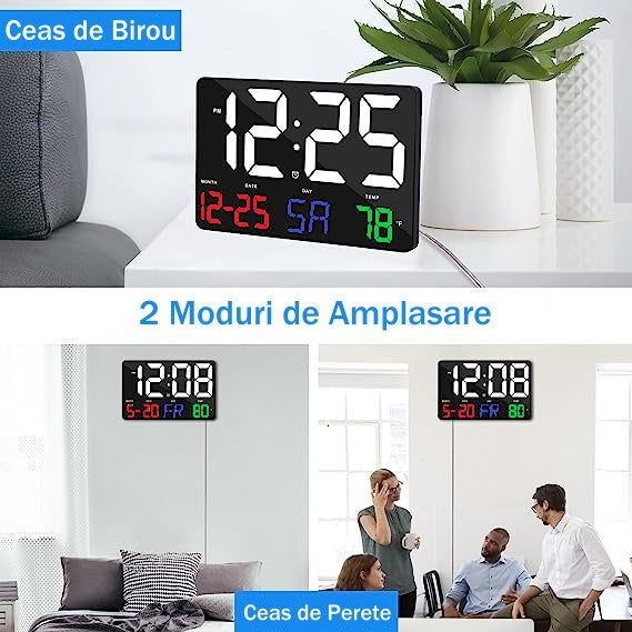 Ceas Digital de Masa si de Perete cu Lumina Led RGB, Calendar, Temperatura, Alarma, Termometru, Functie Snooze, Luminozitate Adjustabila, 25x16cm