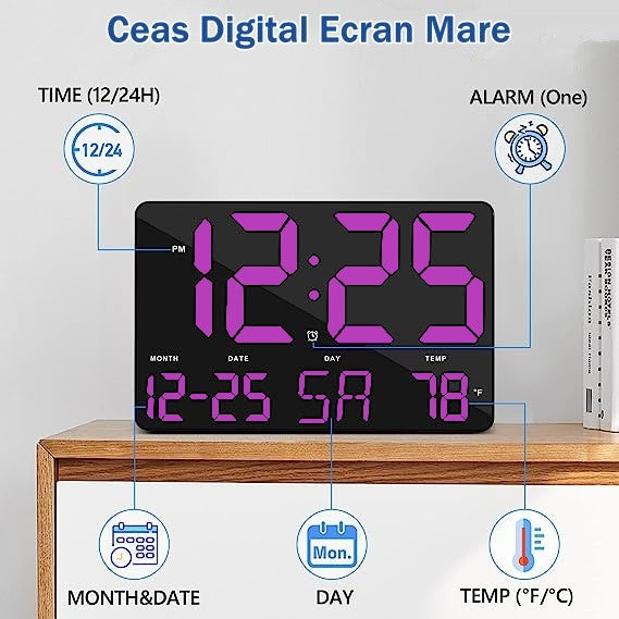 Ceas Digital de Masa si de Perete cu Lumina Led Mov, Calendar, Temperatura, Alarma, Termometru, Functie Snooze, Luminozitate Adjustabila, 25x16cm