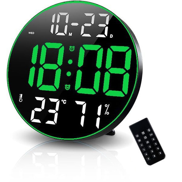 Ceas Digital de Masa si de Perete Rotund cu Lumina Led Verde, Calendar, Temperatura, 2 Alarme, Termometru, Functie Snooze, 5 Trepte de Intensitate, Telecomanda, Afisare Umiditate, 30cm