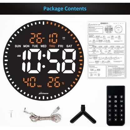 Ceas Digital de Perete cu Lumina Led Portocaliu, Secundar, Calendar, Temperatura, Termometru, Cronometru, Telecomanda, Afisare Umiditate, 28cm