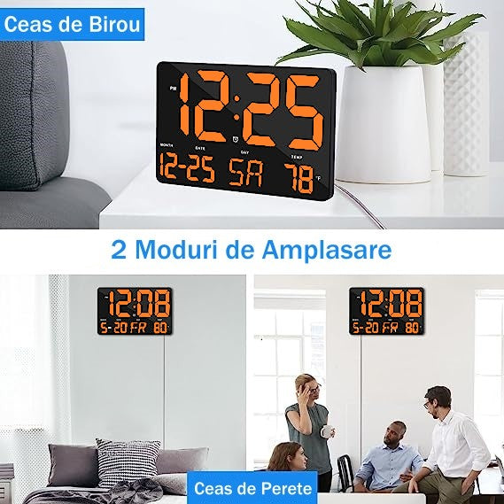 Ceas Digital de Masa si de Perete cu Lumina Led Portocaliu, Calendar, Temperatura, Alarma, Termometru, Functie Snooze, Luminozitate Adjustabila, 25x16cm