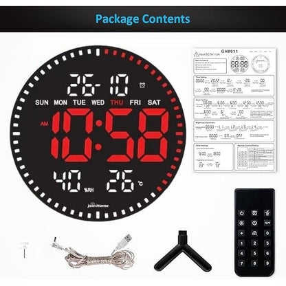 Ceas Digital de Perete cu Lumina Led Rosu, Secundar, Calendar, Temperatura, Termometru, Cronometru, Telecomanda, Afisare Umiditate, 28cm