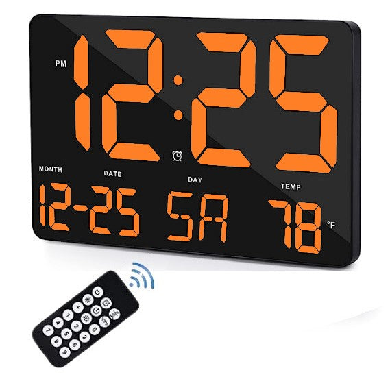 Ceas Digital de Masa si de Perete cu Lumina Led Portocaliu, Calendar, Temperatura, Alarma, Termometru, Functie Snooze, Luminozitate Adjustabila, 25x16cm