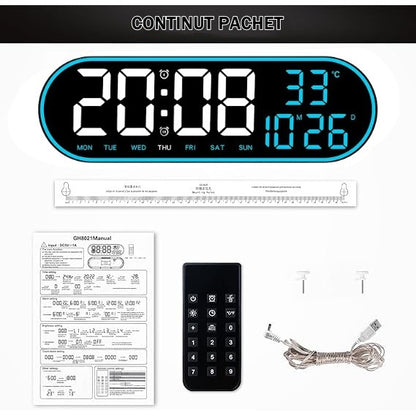 Ceas Digital de Masa si de Perete Oval cu Lumina Led Albastru, Calendar, Cronometru, Temperatura, 2 Alarme, Termometru, Functie Snooze, 5 Trepte de Intensitate, Telecomanda, Afisare Umiditate, 38cm