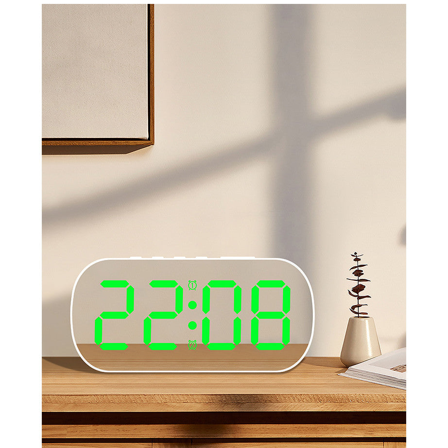 Ceas Digital de Masa cu Led Verde, Stil Oglinda Oval, Alarma, Ecran LED, 5 Niveluri de Luminozitate, Adaptor Inclus, Negru