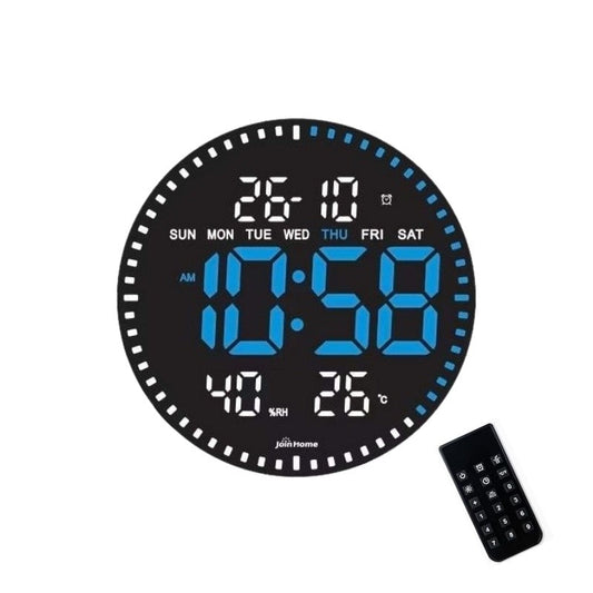 Ceas Digital de Perete cu Lumina Led Albastru, Secundar, Calendar, Temperatura, Termometru, Cronometru, Telecomanda, Afisare Umiditate, 28cm