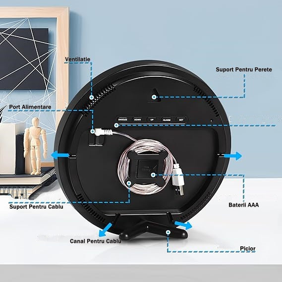 Ceas Digital de Masa si de Perete cu Lumina Led Mov, Calendar, Temperatura, 2 Alarme, Termometru, Functie Snooze, 5 Trepte de Intensitate, Telecomanda, Afisare Umiditate, 30cm