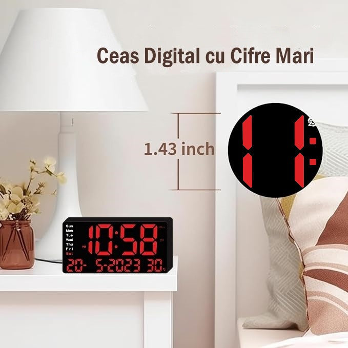 Ceas Digital de Masa cu Lumina Led Rosu, Alarma, 3 Niveluri de Luminozitate, Calendar, Temperatura, Functie Snooze, Mod de Noapte, 11x22cm