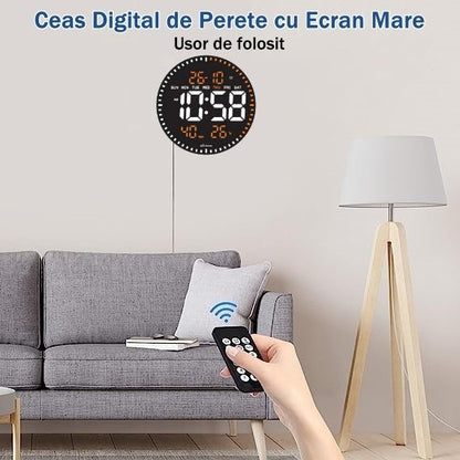 Ceas Digital de Perete cu Lumina Led Portocaliu, Secundar, Calendar, Temperatura, Termometru, Cronometru, Telecomanda, Afisare Umiditate, 28cm