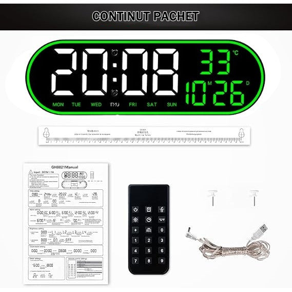 Ceas Digital de Masa si de Perete Oval cu Lumina Led Verde, Calendar, Cronometru, Temperatura, 2 Alarme, Termometru, Functie Snooze, 5 Trepte de Intensitate, Telecomanda, Afisare Umiditate, 38cm