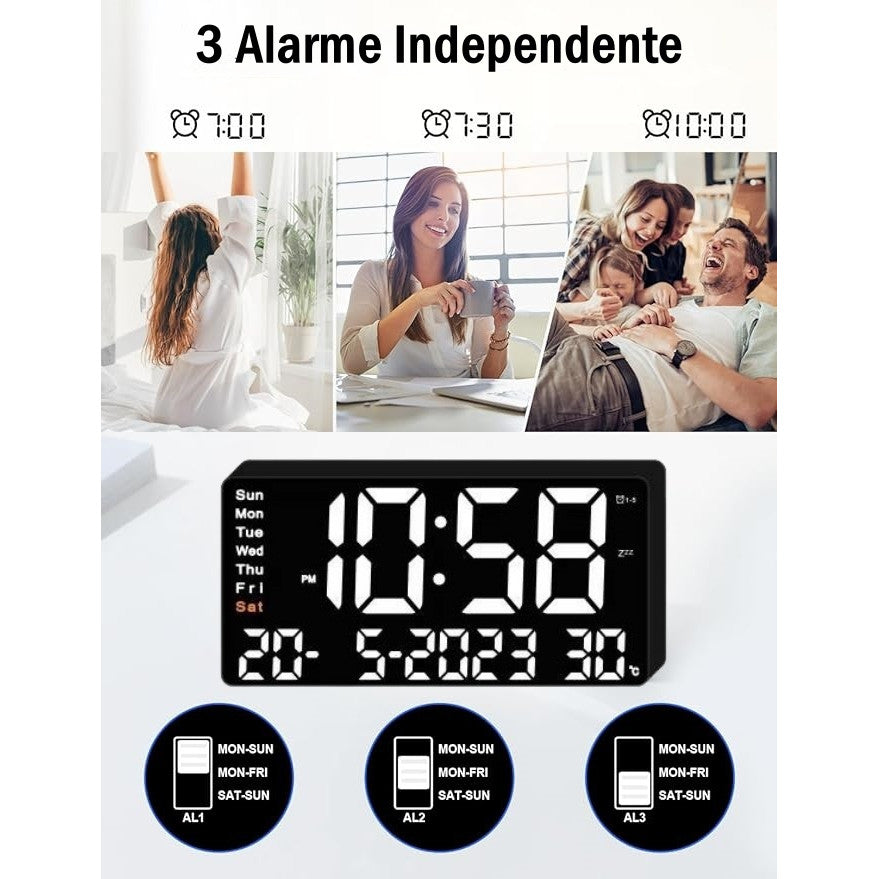 Ceas Digital de Masa cu Lumina Led Alb, Alarma, 3 Niveluri de Luminozitate, Calendar, Temperatura, Functie Snooze, Mod de Noapte, 11x22cm