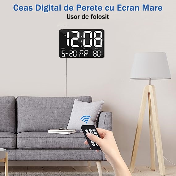 Ceas Digital de Masa si de Perete cu Lumina Led Alb, Calendar, Temperatura, Alarma, Termometru, Functie Snooze, Luminozitate Adjustabila, 25x16cm