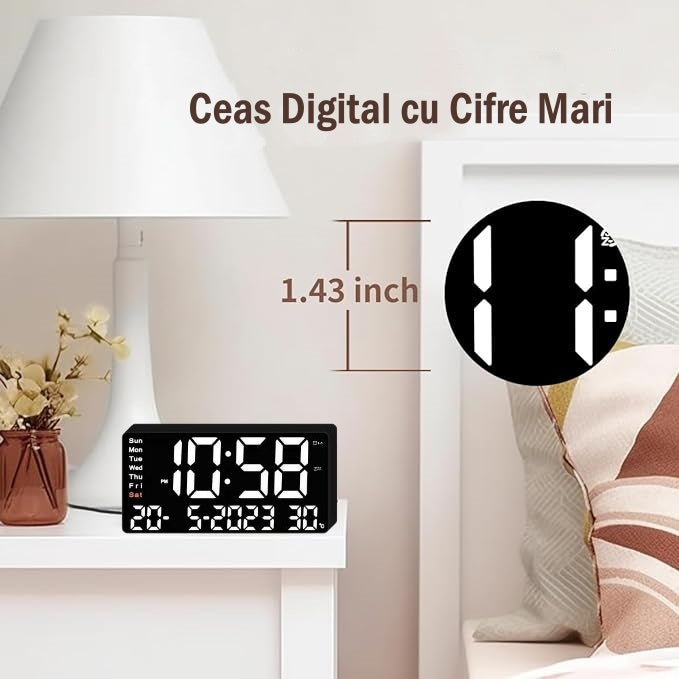 Ceas Digital de Masa cu Lumina Led Alb, Alarma, 3 Niveluri de Luminozitate, Calendar, Temperatura, Functie Snooze, Mod de Noapte, 11x22cm