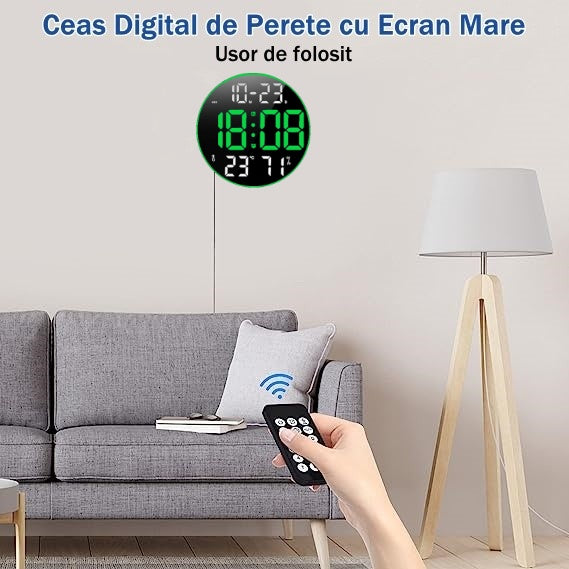 Ceas Digital de Masa si de Perete Rotund cu Lumina Led Verde, Calendar, Temperatura, 2 Alarme, Termometru, Functie Snooze, 5 Trepte de Intensitate, Telecomanda, Afisare Umiditate, 30cm