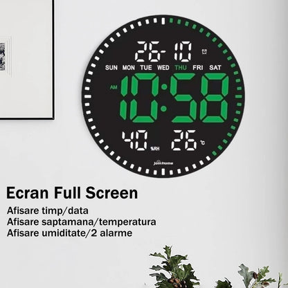 Ceas Digital de Perete cu Lumina Led Verde, Secundar, Calendar, Temperatura, Termometru, Cronometru, Telecomanda, Afisare Umiditate, 28cm