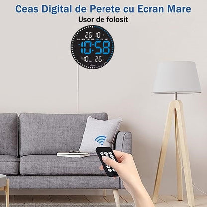 Ceas Digital de Perete cu Lumina Led Albastru, Secundar, Calendar, Temperatura, Termometru, Cronometru, Telecomanda, Afisare Umiditate, 28cm