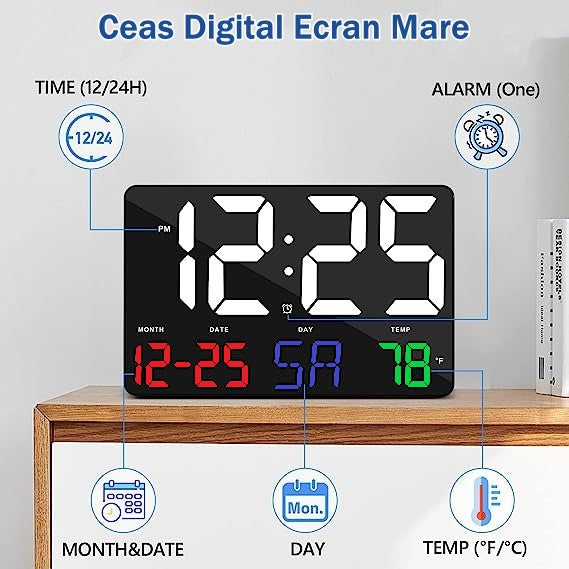 Ceas Digital de Masa si de Perete cu Lumina Led RGB, Calendar, Temperatura, Alarma, Termometru, Functie Snooze, Luminozitate Adjustabila, 25x16cm