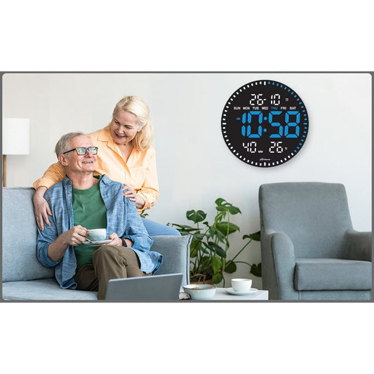 Ceas Digital de Perete cu Lumina Led Albastru, Secundar, Calendar, Temperatura, Termometru, Cronometru, Telecomanda, Afisare Umiditate, 28cm