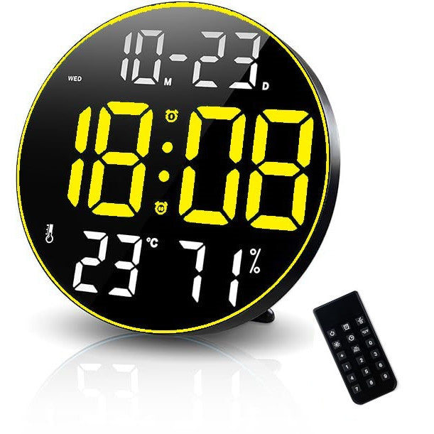 Ceas Digital de Masa si de Perete Rotund cu Lumina Led Galben, Calendar, Temperatura, 2 Alarme, Termometru, Functie Snooze, 5 Trepte de Intensitate, Telecomanda, Afisare Umiditate, 30cm