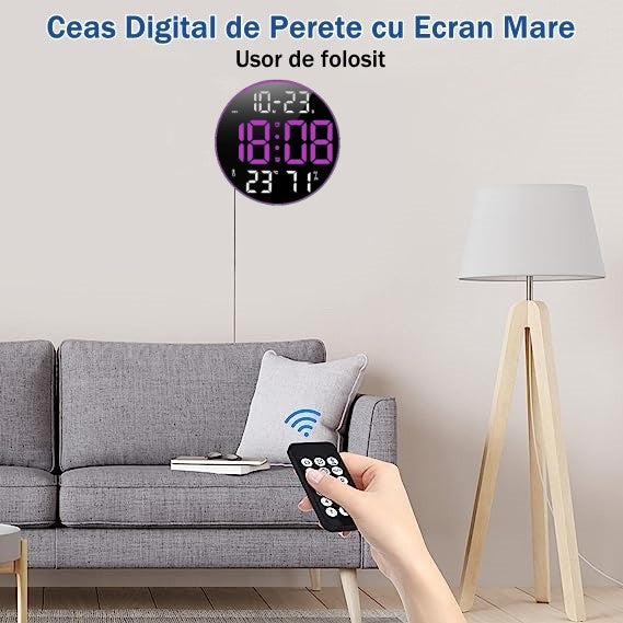 Ceas Digital de Masa si de Perete cu Lumina Led Mov, Calendar, Temperatura, 2 Alarme, Termometru, Functie Snooze, 5 Trepte de Intensitate, Telecomanda, Afisare Umiditate, 30cm