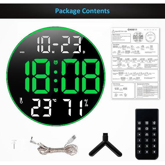 Ceas Digital de Masa si de Perete Rotund cu Lumina Led Verde, Calendar, Temperatura, 2 Alarme, Termometru, Functie Snooze, 5 Trepte de Intensitate, Telecomanda, Afisare Umiditate, 30cm