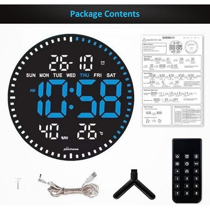 Ceas Digital de Perete cu Lumina Led Albastru, Secundar, Calendar, Temperatura, Termometru, Cronometru, Telecomanda, Afisare Umiditate, 28cm